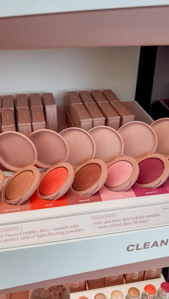 Retail shelf with Ilia blush on display