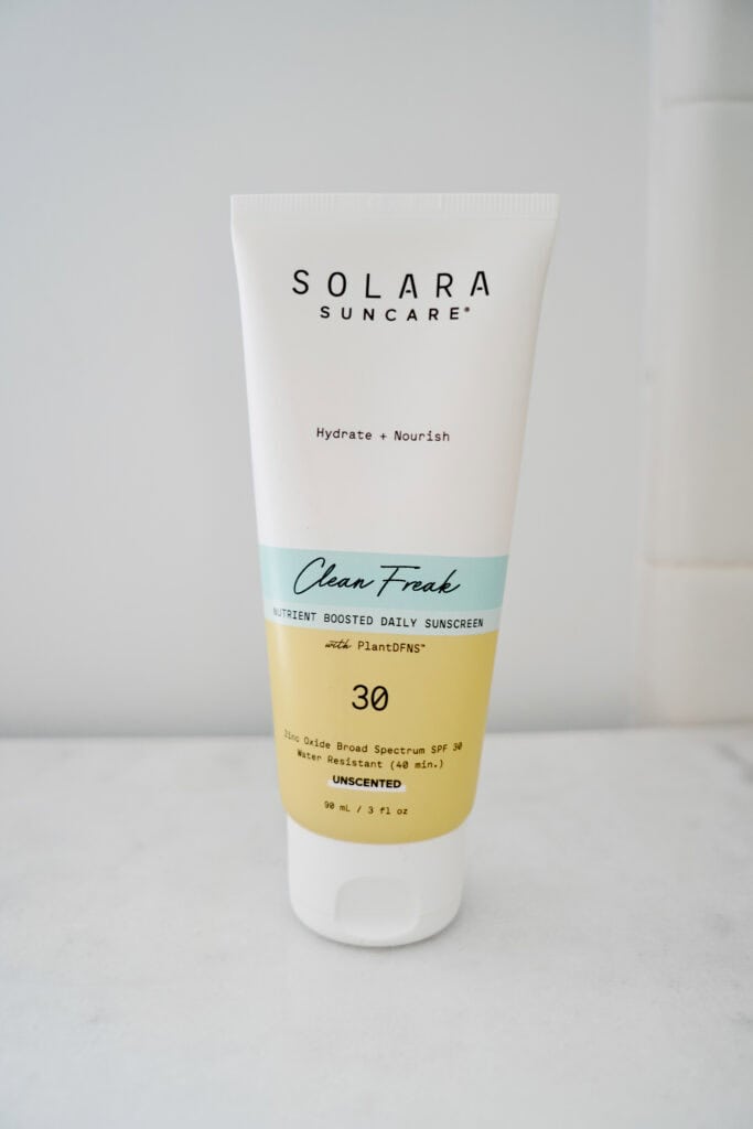 Sunscreen on bathroom counter