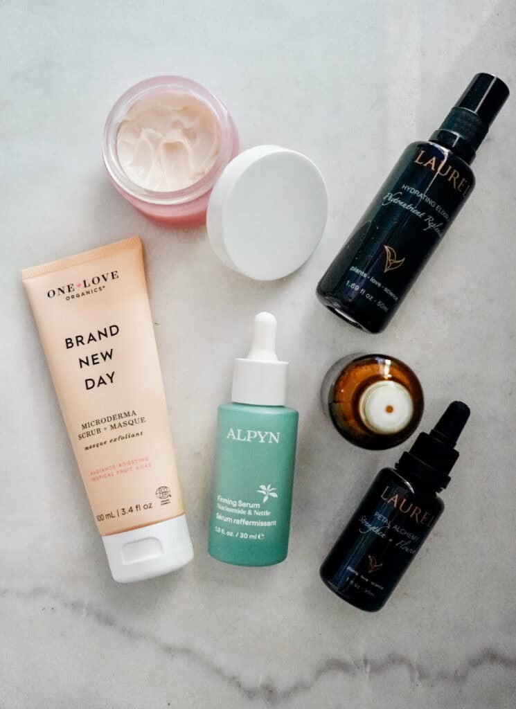 A few Spring Skincare products laid out on bathroom counter