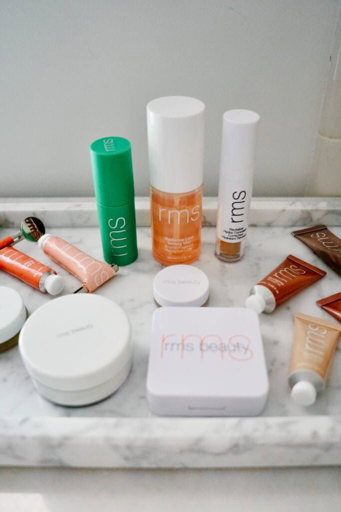 RMS Beauty clean makeup products displayed on vanity